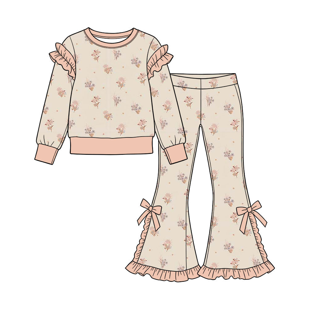 Preorder (moq 5) Baby Girl Clothes Vintage Pastel Floral Allover Print Long Sleeve Ruffle Flare Pant Set