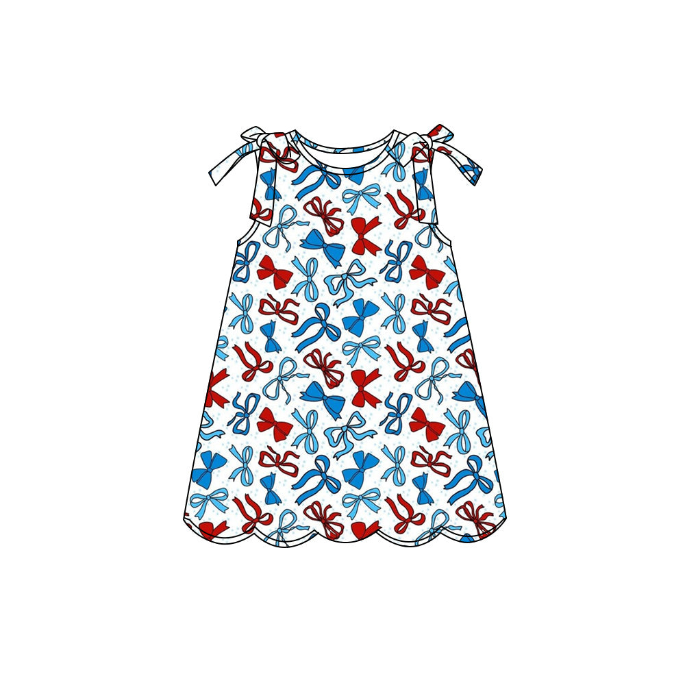 Preorder (moq 5)Baby Girls Red Blue Bows 4th of July Scallop Knee Length Dresses
