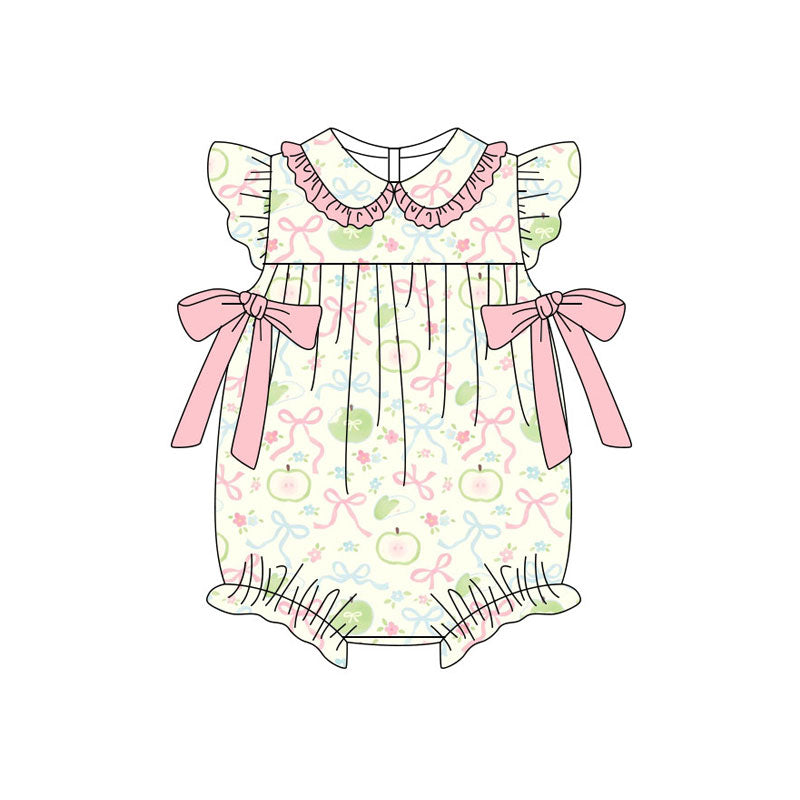 Preorder (moq 5)Baby Girls Apples Flower Bows Ruffle Collar Rompers