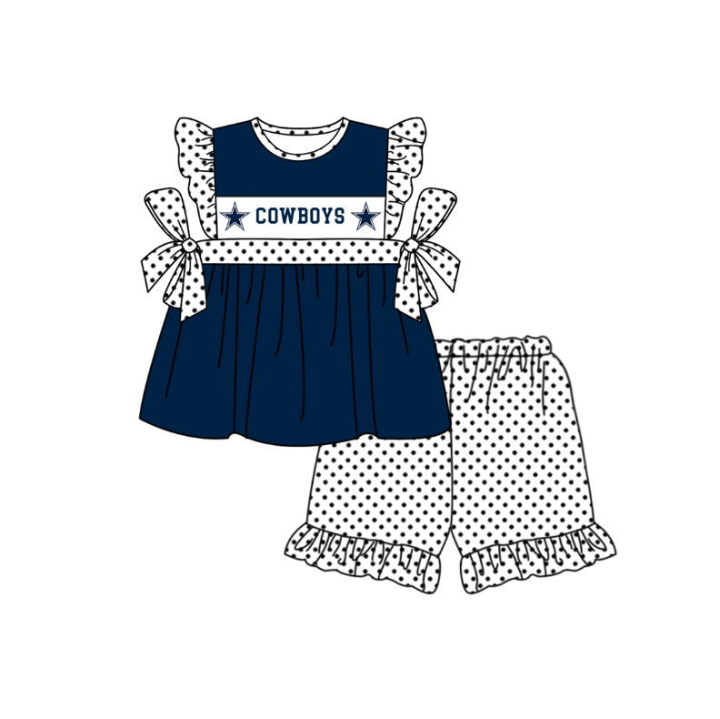Preorder (moq 5)Baby Girls Flutter Sleeve Cowboys Tunic Polka Dots Ruffle Shorts Team Clothes Sets