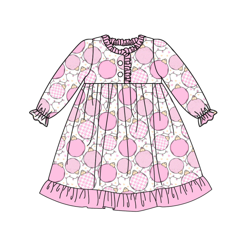 Preorder moq 5 Baby Girls Long Ruffle Sleeves Button Top Pink Bulbs Plaid Ruffle Knee Length Dresses