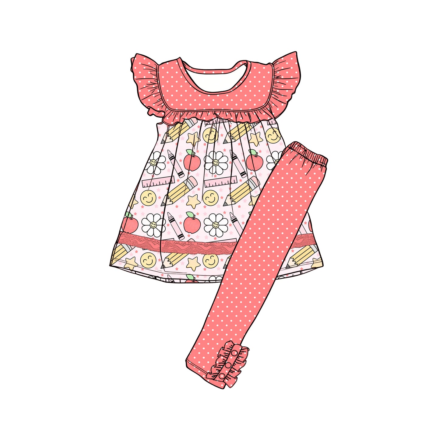 Preorder (moq 5)Baby Girls Apples Pencils Tunic Polka Dots Leggings Back to School Clothes Sets