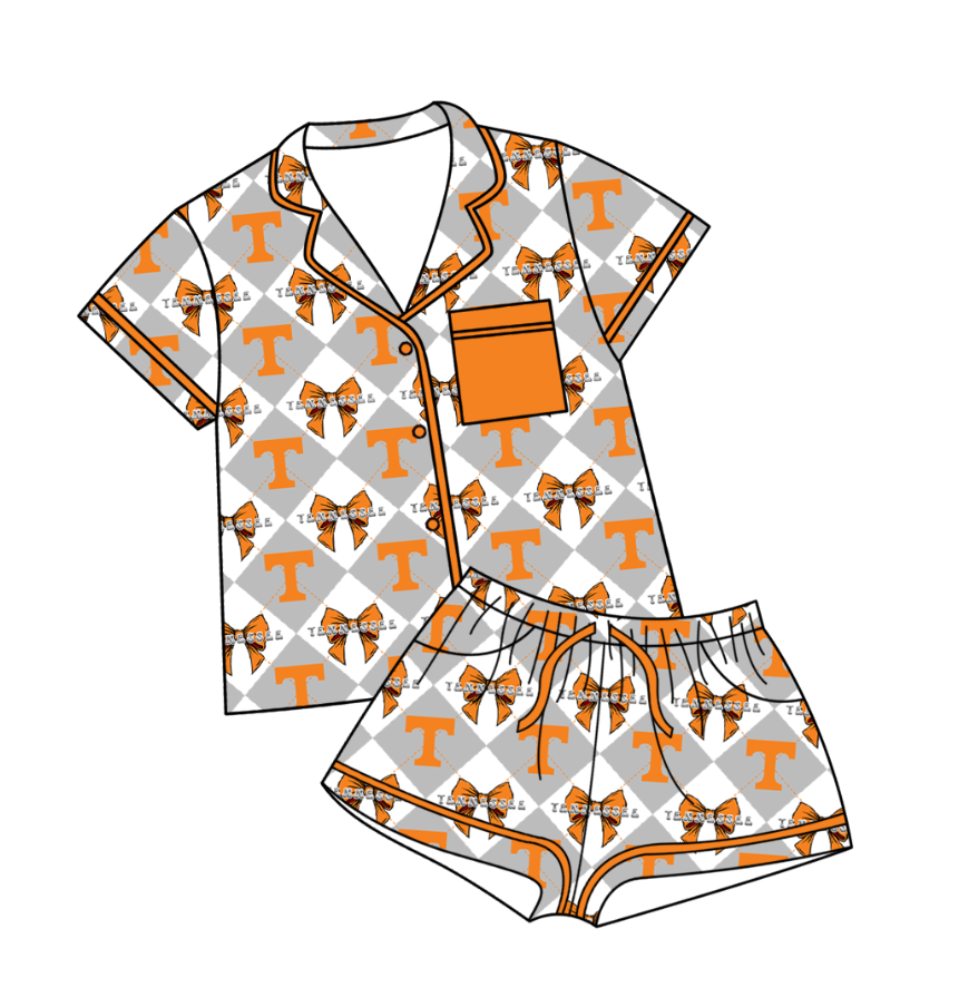 Preorder (moq 5)Baby Girls Team Bows Checked Button Pocket Top Shorts Pajamas Sets