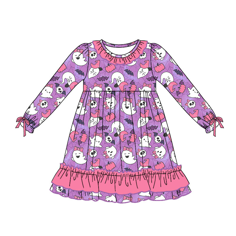 Preorder (moq 5)Baby Girls Purple Long Sleeves Bats Ghosts Ruffle Knee Length Dresses