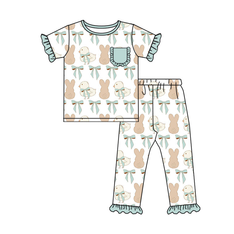 Preorder(moq 8)Baby Girls Bows Rabbits Chicks Top Ruffle Pants Easter Pajamas Sets