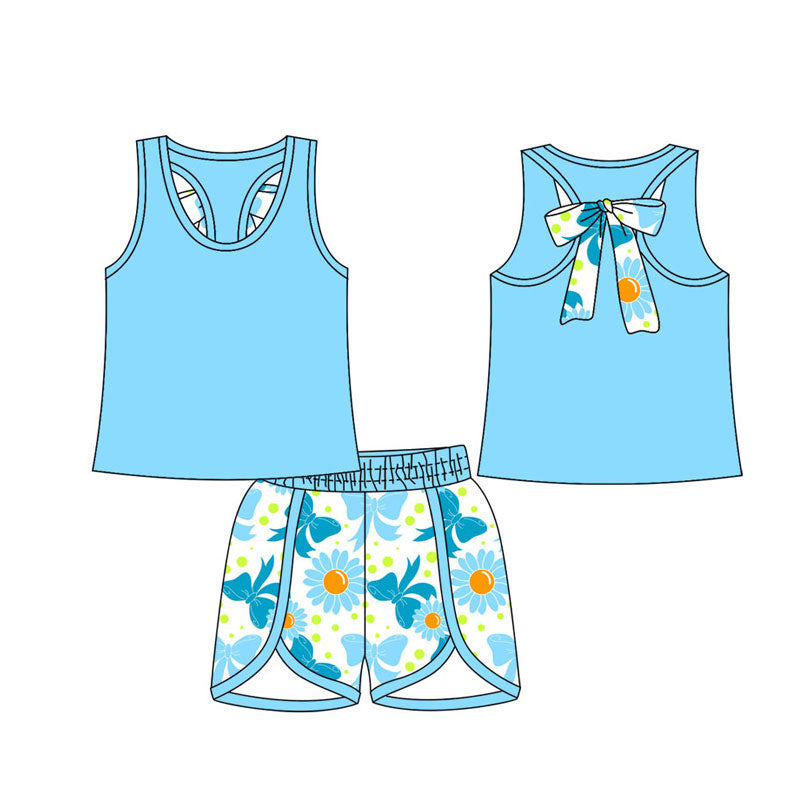 Preorder(moq 5) Baby Girls Blue Vest Back Bow Top Bows Daisy Shorts Clothes Sets