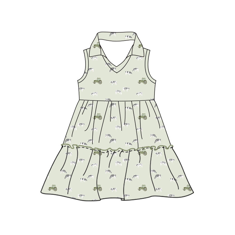 Preorder moq 5 Baby Girls Sleeveless Cows Trucks Farm Patchwork Knee Length Dress