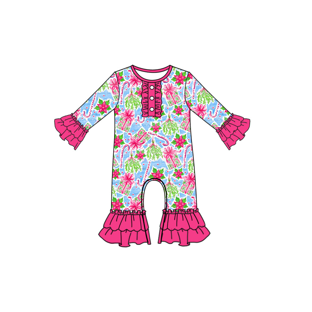 Preorder moq 5 Baby Girls Long Ruffle Sleeves Bows Candy Cane Button Pant Rompers