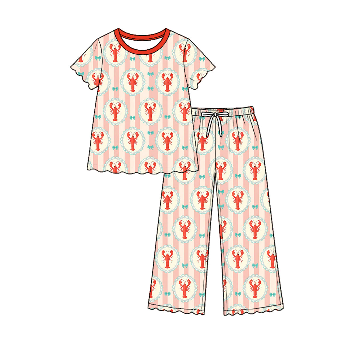 Preorder (moq 5) Baby Girl Clothes Crawfish Lemon Stripe Print Short Sleeve Scallop Top Wide Leg Pant Set