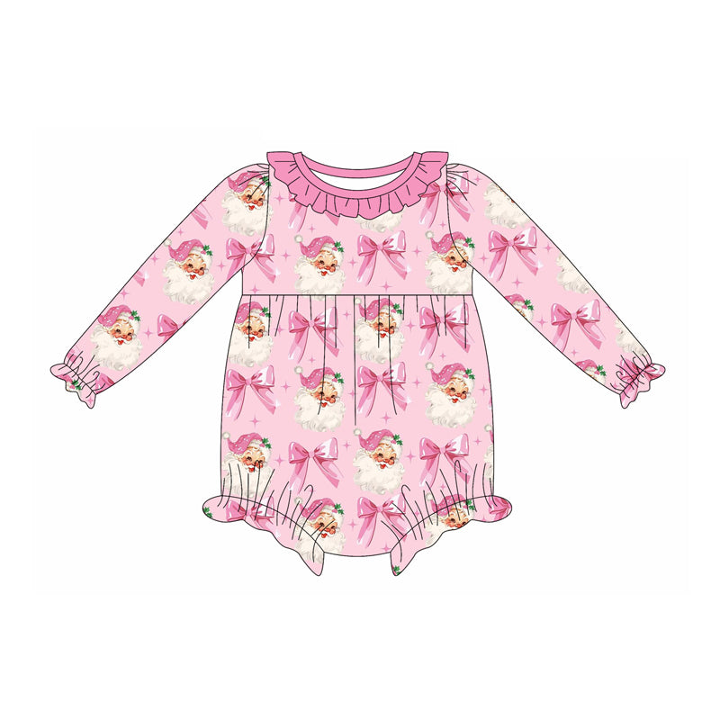 Preorder (moq 5)Baby Girls Pink Long Sleeves Bows Santa Plaid Ruffle Rompers
