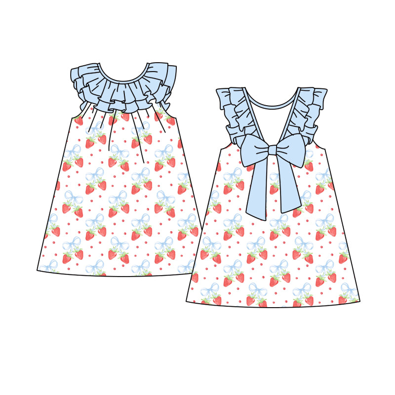 Preorder (moq 5)Baby Girls Blue Sleeveless Strawberry Backless Bow Knee Length Dress