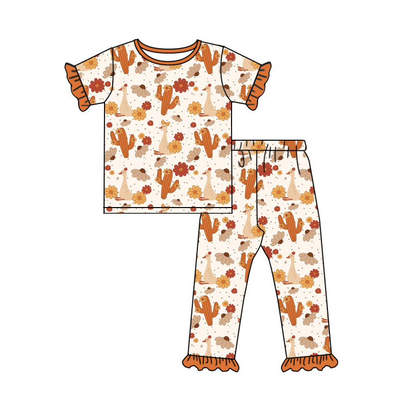 Preorder moq 5 Baby Girls Short Ruffle Sleeves Orange Flowers Cactus Top Pants Pajamas Set