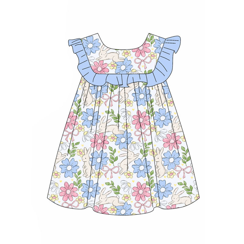 Preorder(moq 5) Baby Girls Rabbits Floral Bows Easter Knee Length Dresses