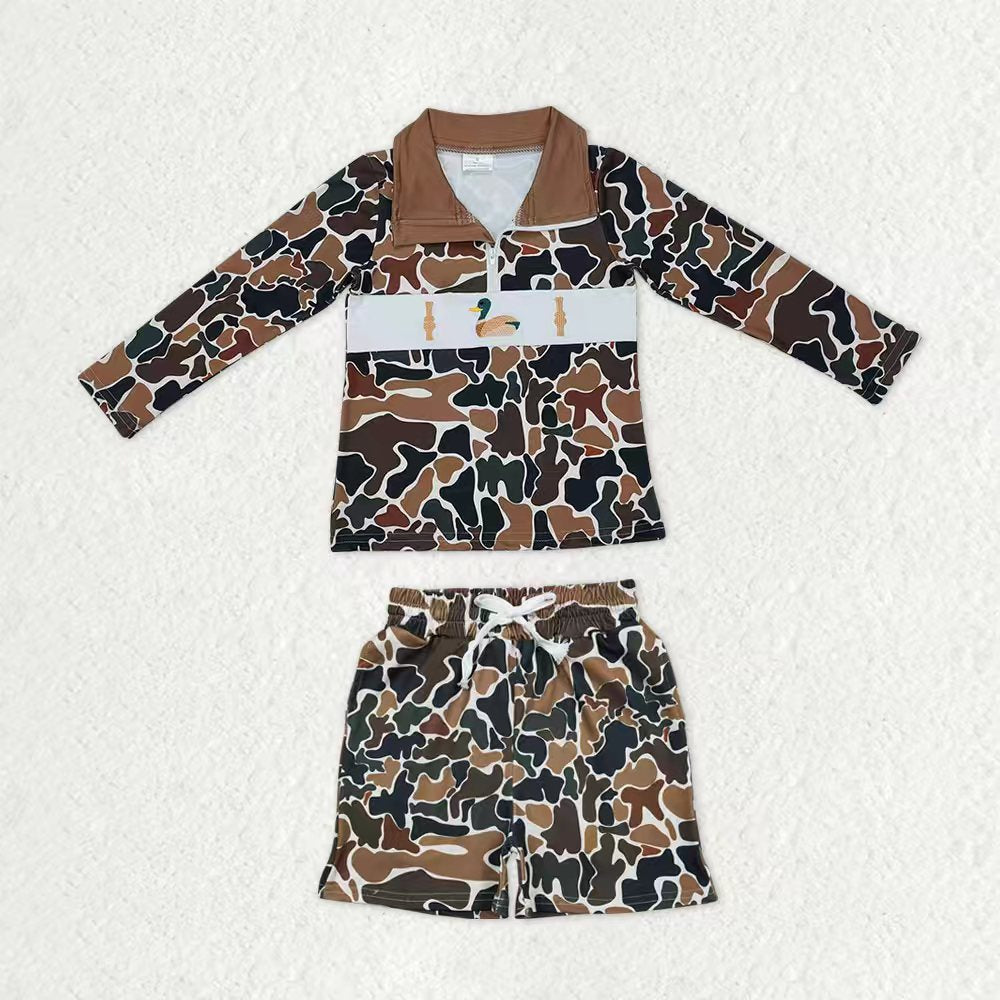 Baby Boys Dark Brown Camo Embroidery Duck Calls Zip Pullover Pockets Shorts Hunting Clothes Sets