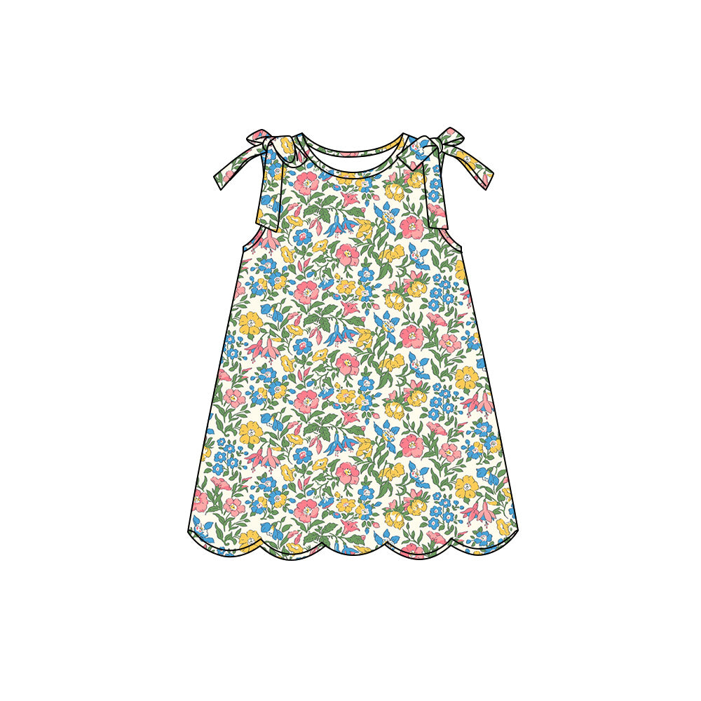 Preorder (moq 5)Baby Girls Sleeveless Colorful Flowers Scallop Knee Length Dresses