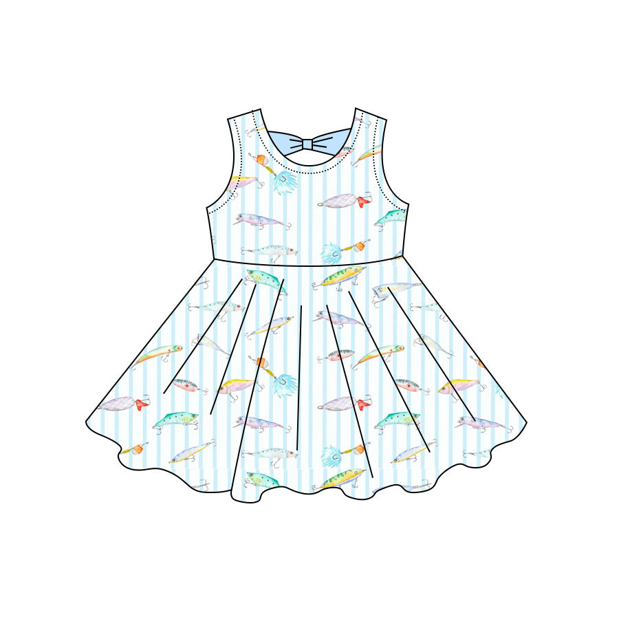 Preorder moq 5 Baby Girls Sleeveless Blue Stripe Fishing Hunting Knee Length Dresses