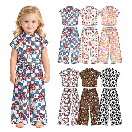 Preorder (moq 5) Baby Girl Clothes Football Full Print Short Sleeve Crop Top Wide Leg Pant Set