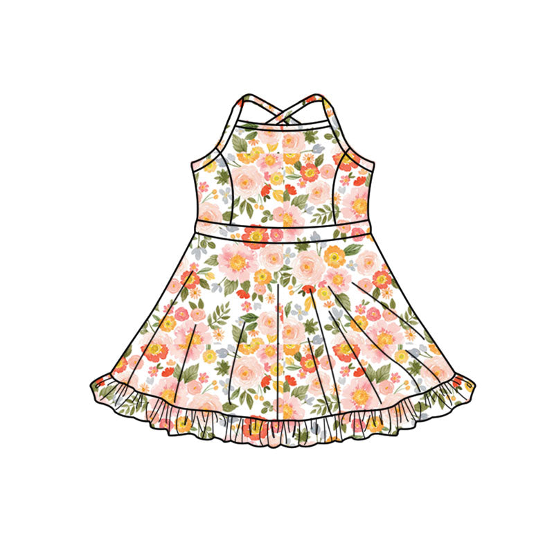 Preorder (moq 5)Baby Girls Strap Colorful Flowers Ruffle Shorts Knee Length Dresses