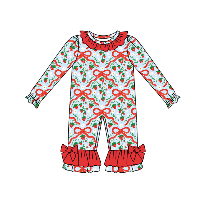 Preorder(moq 5)Baby Infant Girls Red Bows Strawberry Plaid Ruffle Pant Rompers