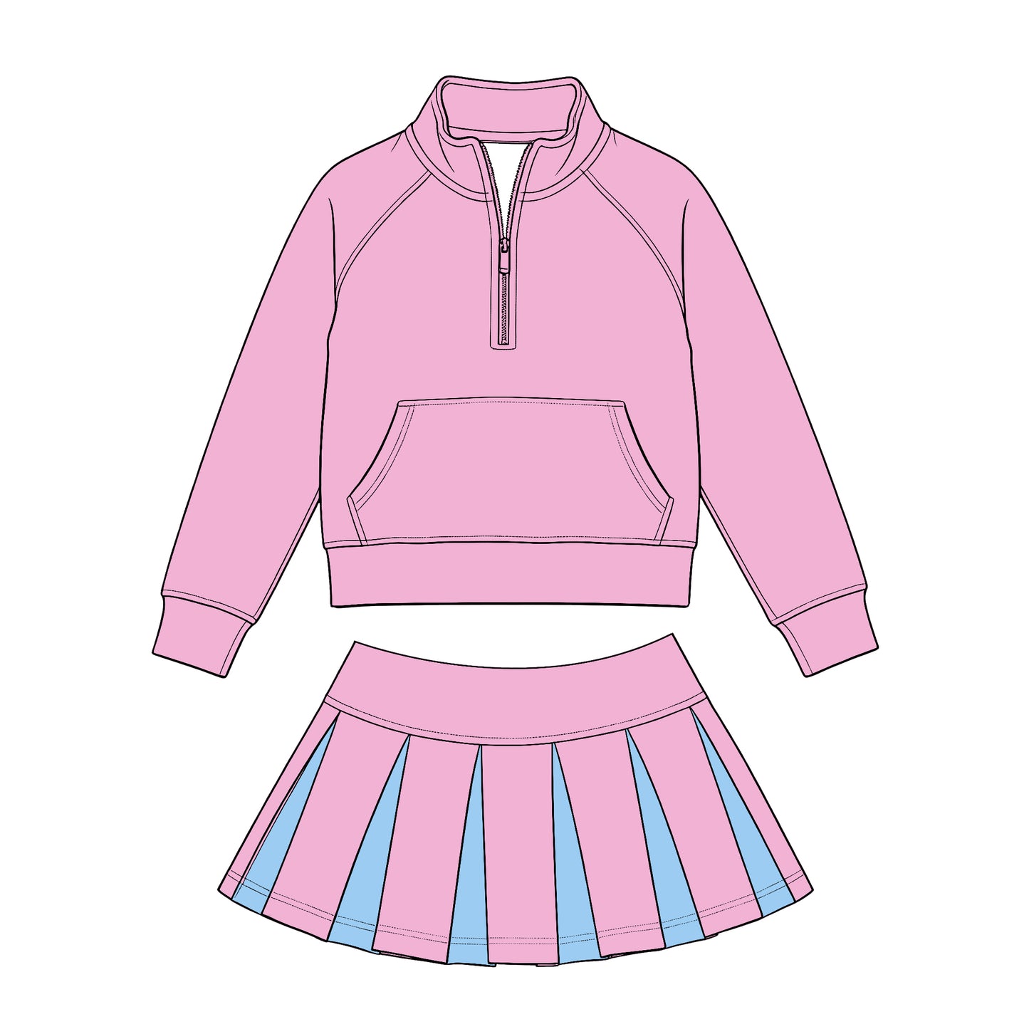 Preorder (moq 5) Baby Girls Pink Zip Pockets Pullovers Blue Pleated Skirt Short Clothes Sets