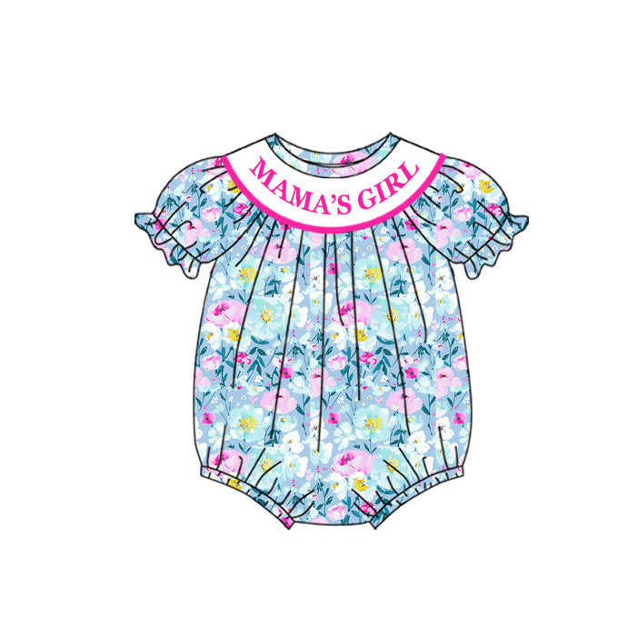 Preorder(moq 5)Baby Infant Girls Mama's Girl Blue Flowers Print Short Sleeve Rompers