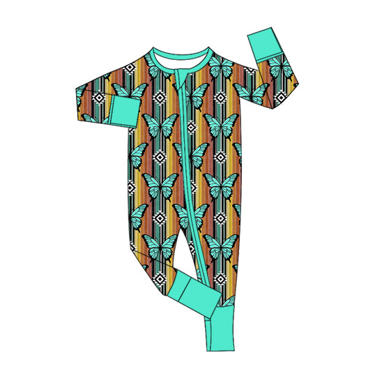 Preorder moq 5 Baby Boys Long Sleeves Green Stripe Butterfly Aztec Zipper Pant Rompers