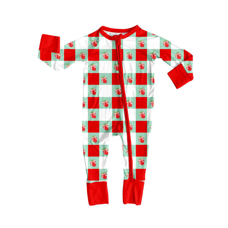 Preorder (moq 5)Baby Girls Bows Strawberry Valentine Zipper Footie Rompers