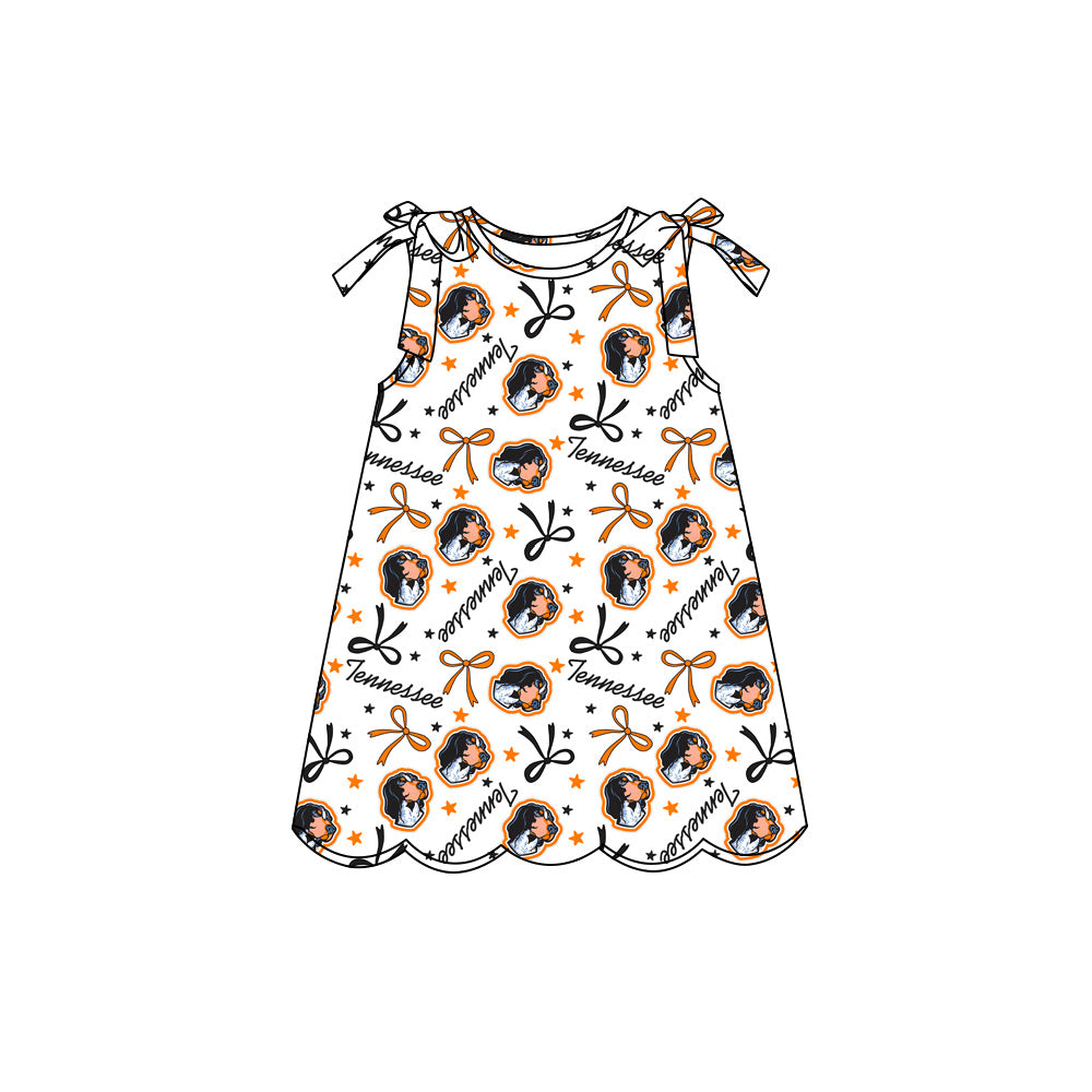 Preorder (moq 5)Baby Girls Sleeveless Bow Stars Dogs Team Scallop Knee Length Dresses