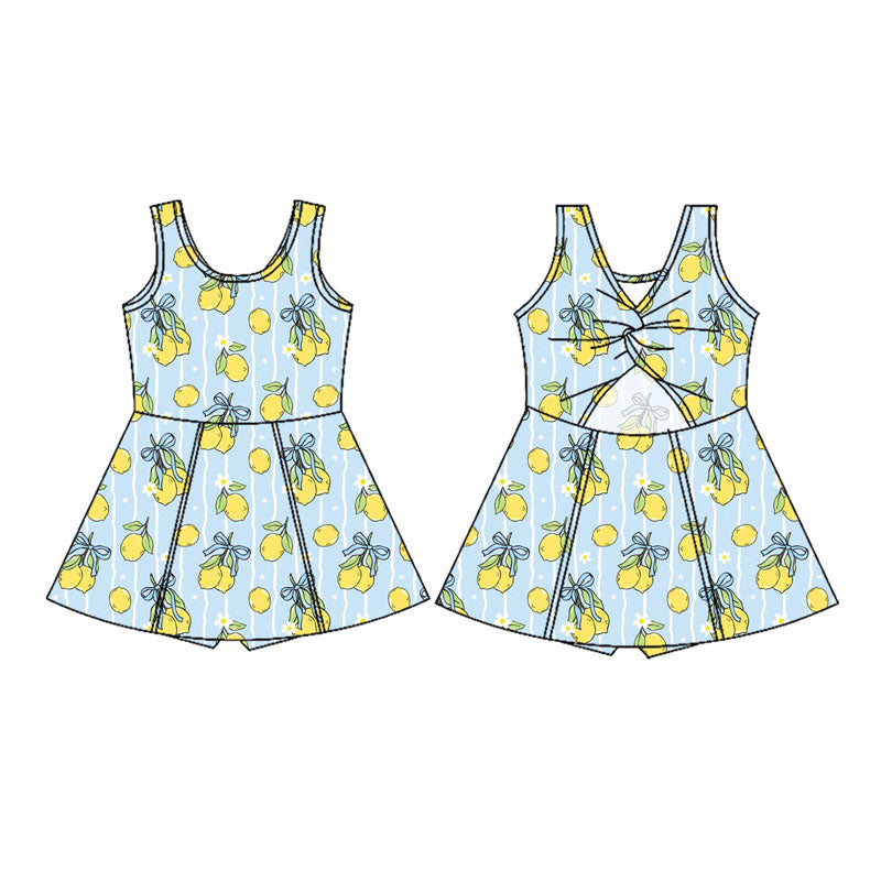 Preorder(moq 5) Baby Girls Blue Stripe Flowers Lemons Shorts Knee Length Dresses