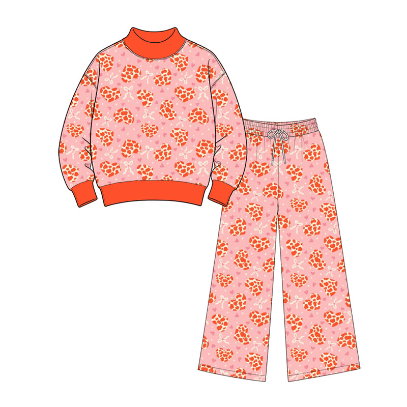 Preorder (moq5) Girls’ Orange Heart & Bow All-Over Print Corduroy Set, Mock Neck Long-Sleeve Top & Wide-Leg Pants, Fall 2-Piece Outfit