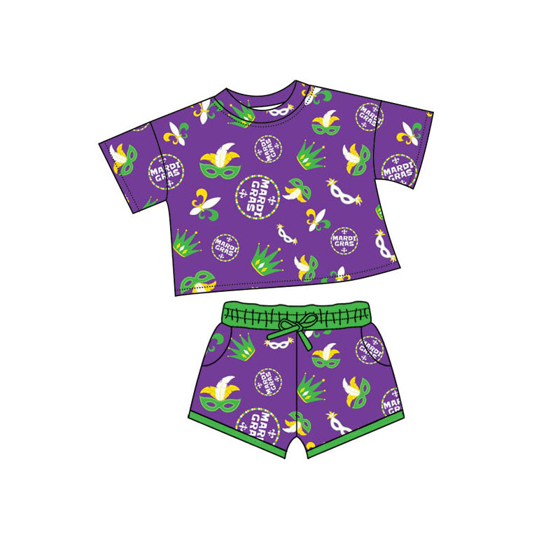 Preorder(moq 5) Baby Girls Anchors Masks Top Pockets Shorts Mardigras Clothes Sets