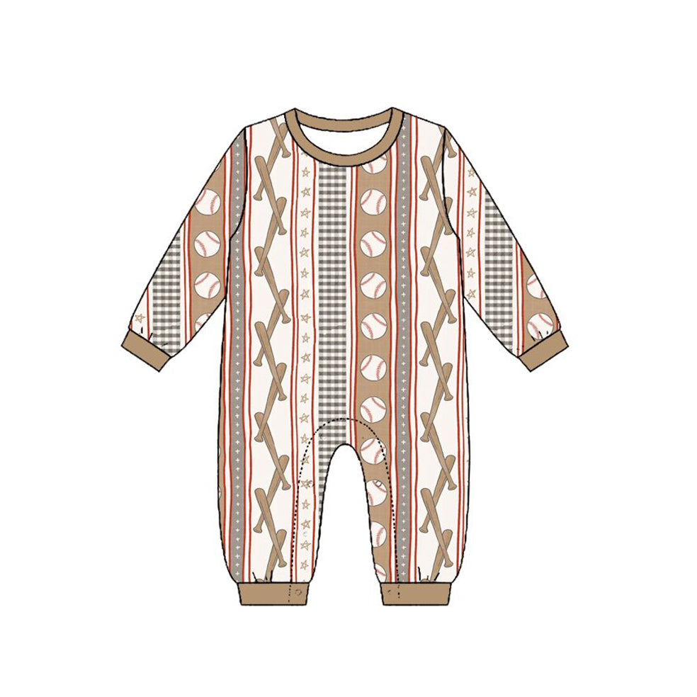 Preorder (moq 5) Baby Boy Clothes Baseball Bat Plaid Striped Mixed Print Long Sleeve Romper