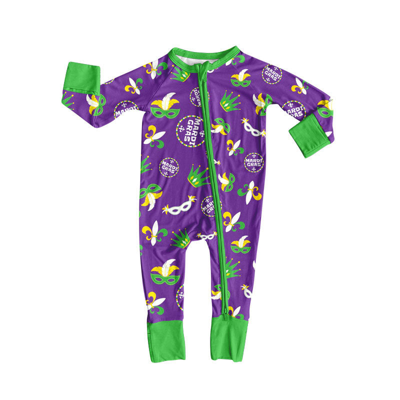 Preorder (moq 5)Baby Girls Mardigras Anchors Masks Zipper Footie Rompers