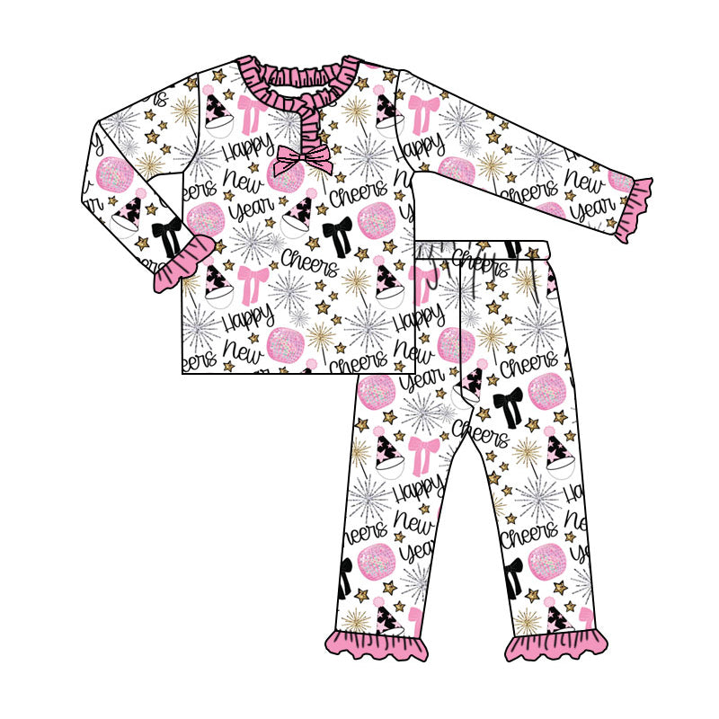 Preorder (moq 20)Baby Girls Bamboo Bows Cheers Happy New Year Pajamas Sets