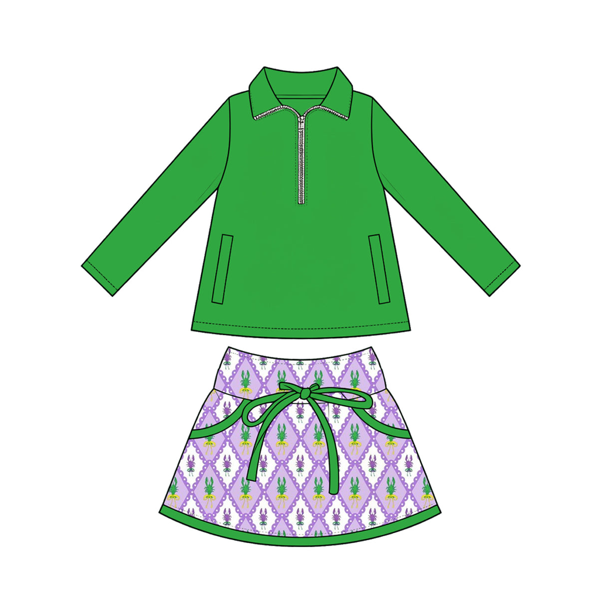 Preorder (moq 5) Baby Girl Clothes Mardi Gras Crawfish Diamond Print Green Long Sleeve Half Zip Top Bow Skirt Set
