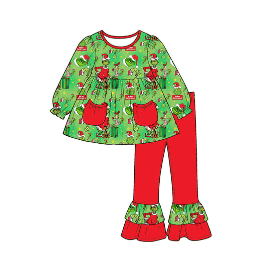 Baby Girls Green Frogs Gifts Pockets Tunic Ruffle Pant Christmas Clothes Set Preorder
