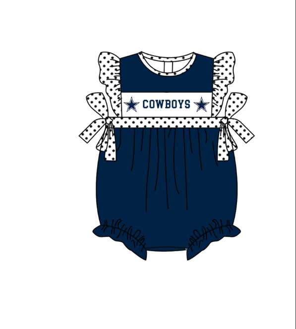 Preorder (moq 5)Baby Girls Polka Dots Flutter Sleeve Cowboys Team Ruffle Rompers
