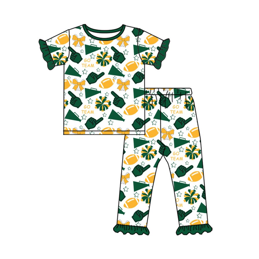 Preorder(moq 8)Baby Girls Gold Green Bows Footballs Top Ruffle Pants Team Pajamas Sets