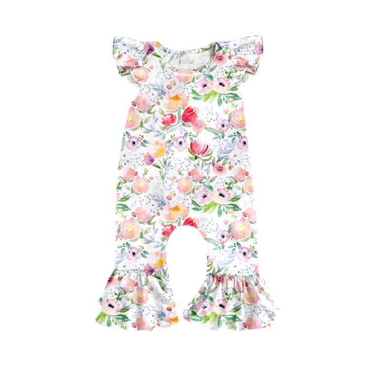 Preorder (moq 5)Baby Girls Flutter Sleeve Colorful Flowers Ruffle Footie Rompers