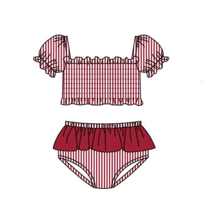 Preorder moq 5 Baby Girls Red Stripe Vest Top Bummies Short Team Swimsuits