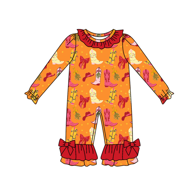 Preorder(moq 5)Baby Infant Girls Long Sleeves Bows Boots Ruffle Pants Rompers