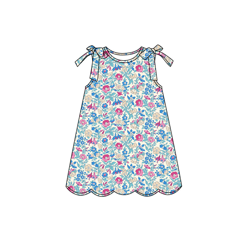 Preorder (moq 5)Baby Girls Sleeveless Colorful Flowers Scallop Knee Length Dresses