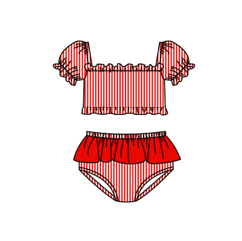 Preorder moq 5 Baby Girls Red Stripe Vest Top Bummies Short Team Swimsuits