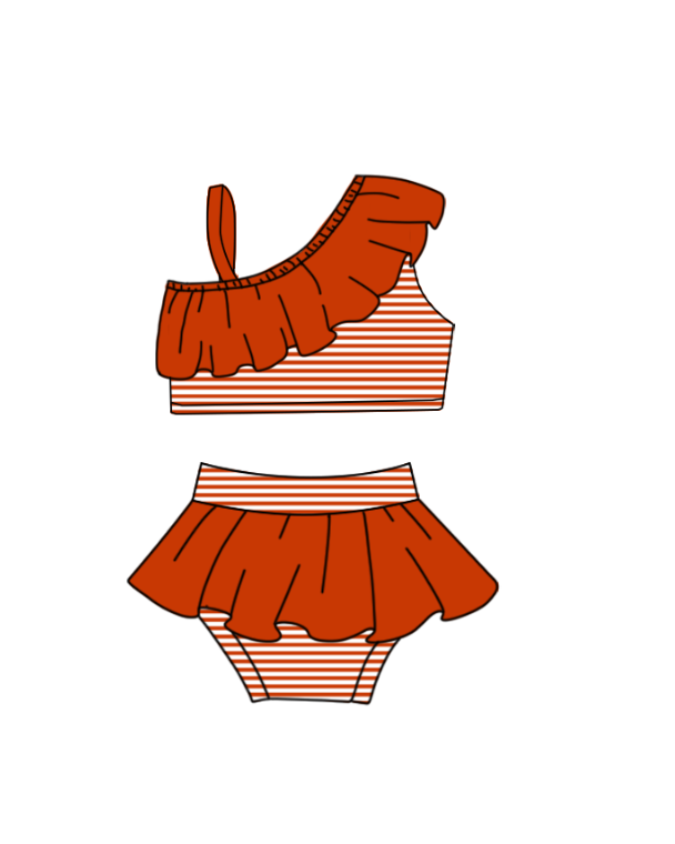 Preorder moq 5 Baby Girls Orange Stripe Vest Top Bummies Short Team Swimsuits