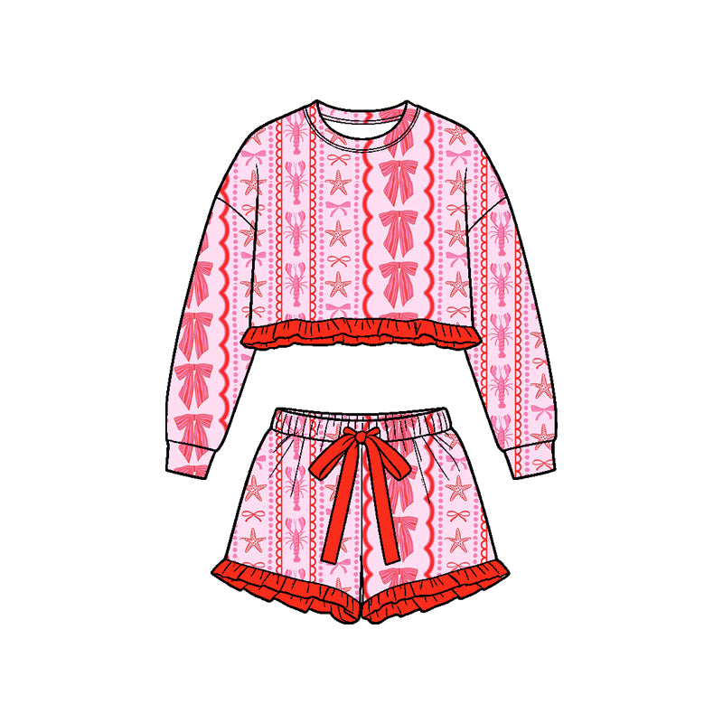 Preorder (moq 5) Baby Girl Clothes Crawfish Bow Starfish Stripe Print Long Sleeve Crop Top Ruffle Short Set