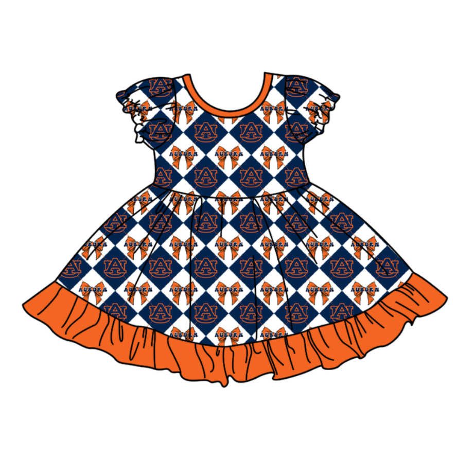 Preorder moq 5 Baby Girls Short Sleeve AU Bows Checked Team Ruffle Knee Length Dress