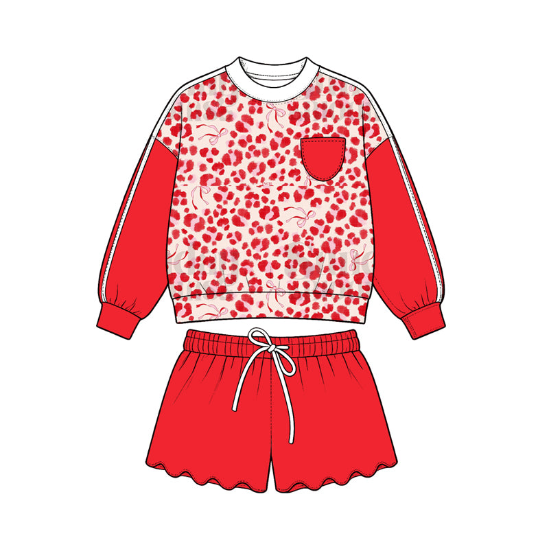 Preorder (moq 5) Girls’ All-Over Bow Print Cropped Sweatshirt & Wavy Ruffle Shorts 2-Piece Sweet Red Set