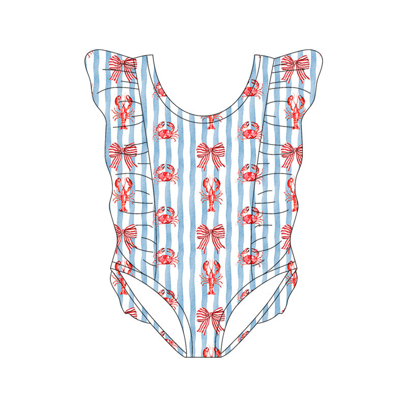 Preorder(moq 5) Baby Girls Blue Stripe Bows Crabs Crayfishes Ruffle Swimsuits