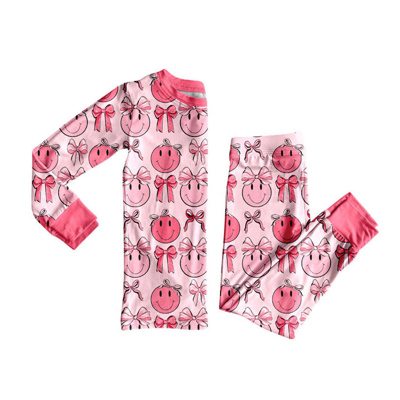 Preorder(moq 8)Baby Girls Long Sleeve Pink Bows Smiles Top Pants Pajamas Sets