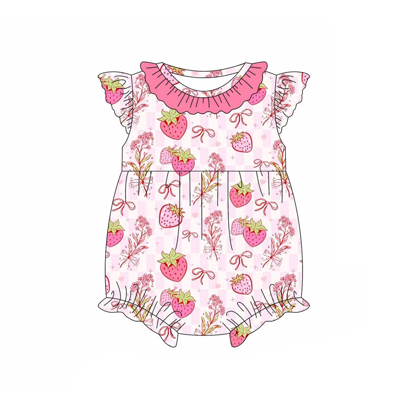 Preorder (moq 5)Baby Girls Flutter Sleeve Bows Strawberry Checked Ruffle Collar Rompers